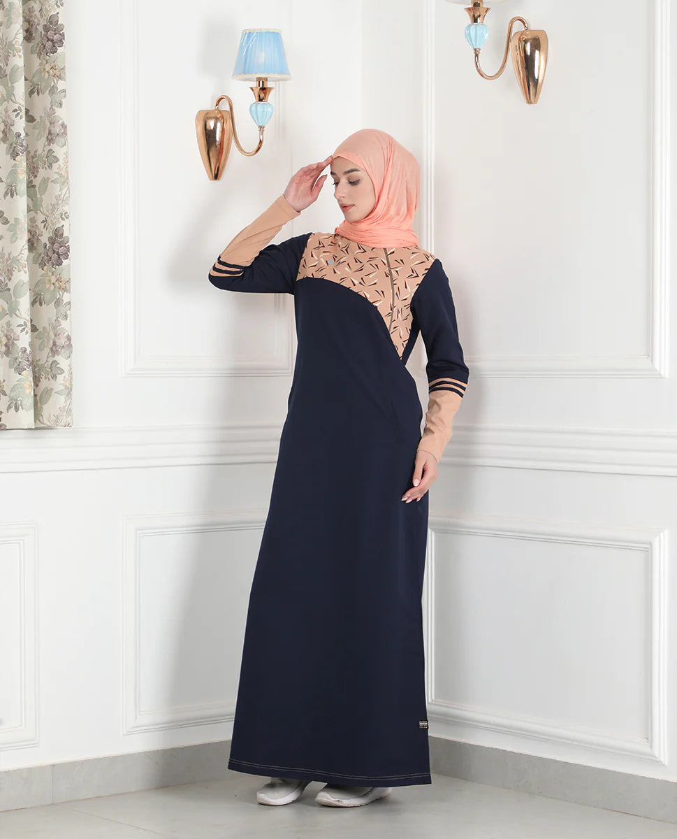 Navy & Tan Linear Print Jilbab