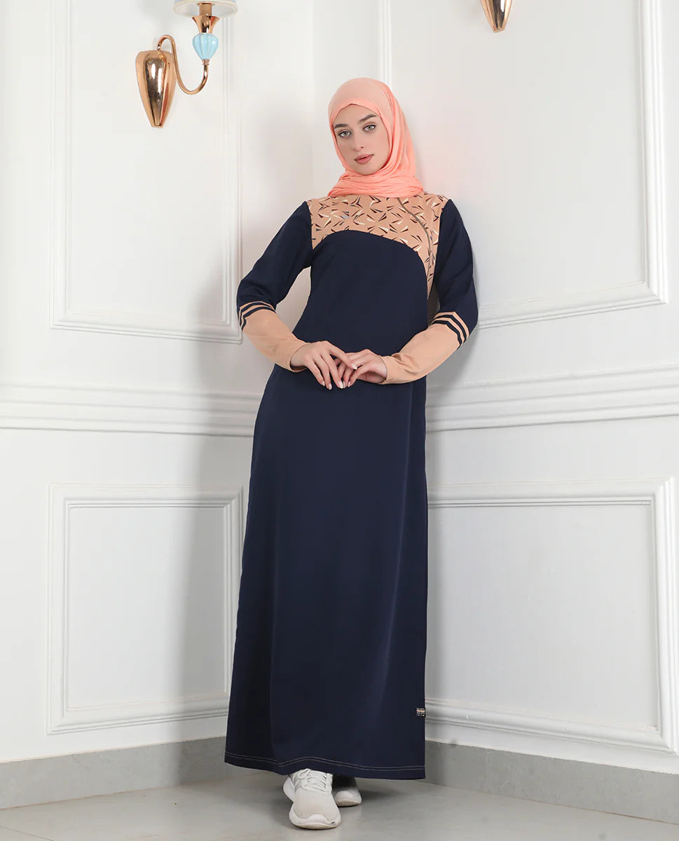 Navy & Tan Linear Print Jilbab