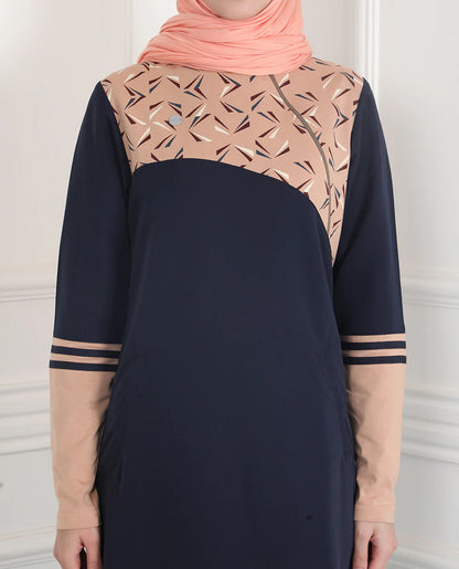 Navy & Tan Linear Print Jilbab