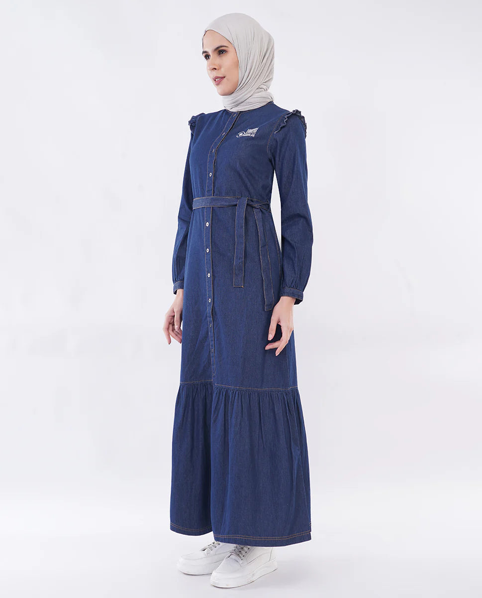 Ice Blue RuffleFlow Fine Denim Maxi Jilbab