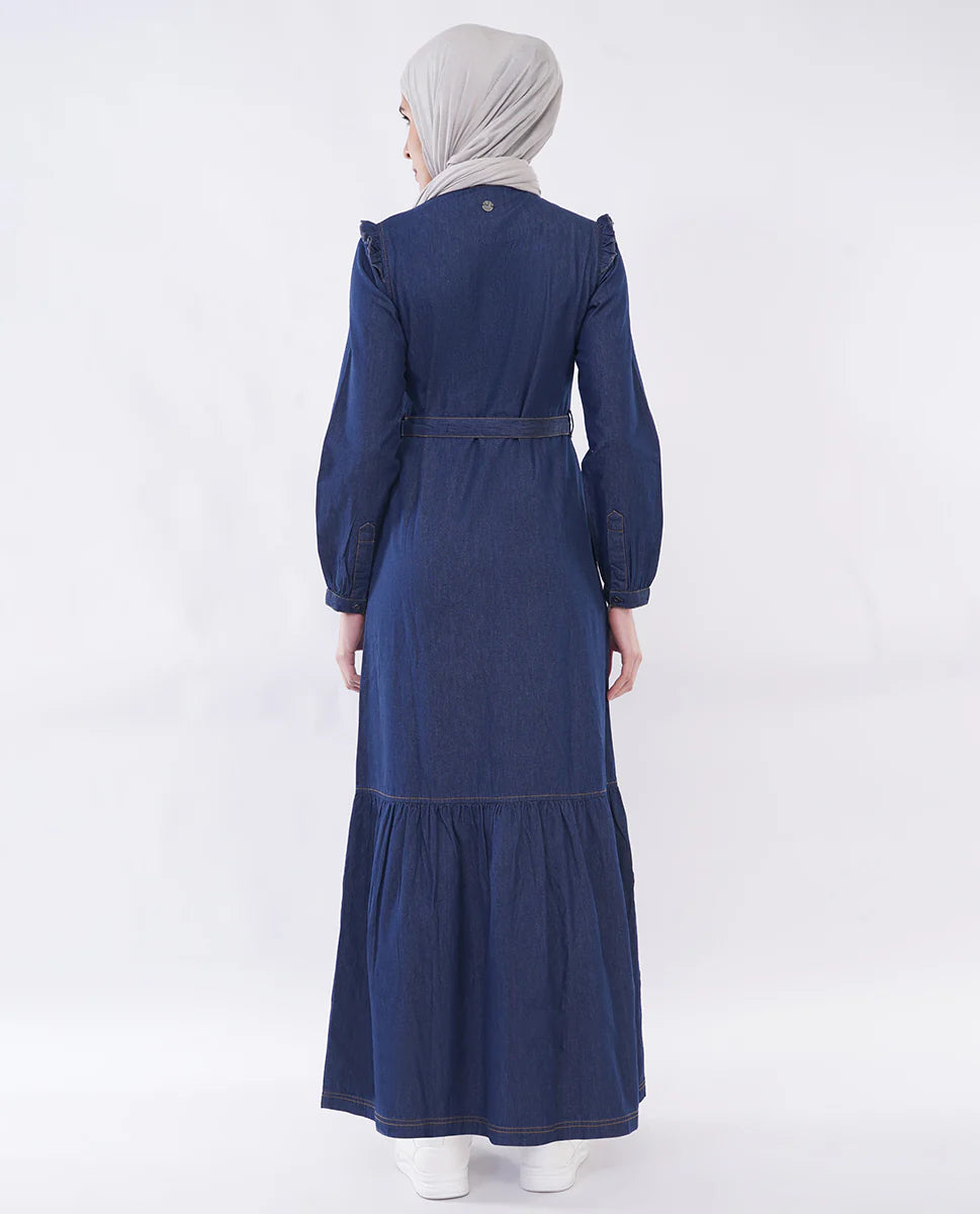 Ice Blue RuffleFlow Fine Denim Maxi Jilbab