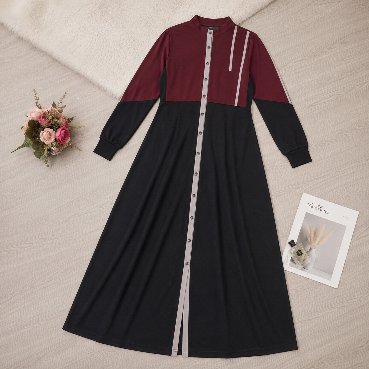 Contrast Edge Full Front Open Jilbab